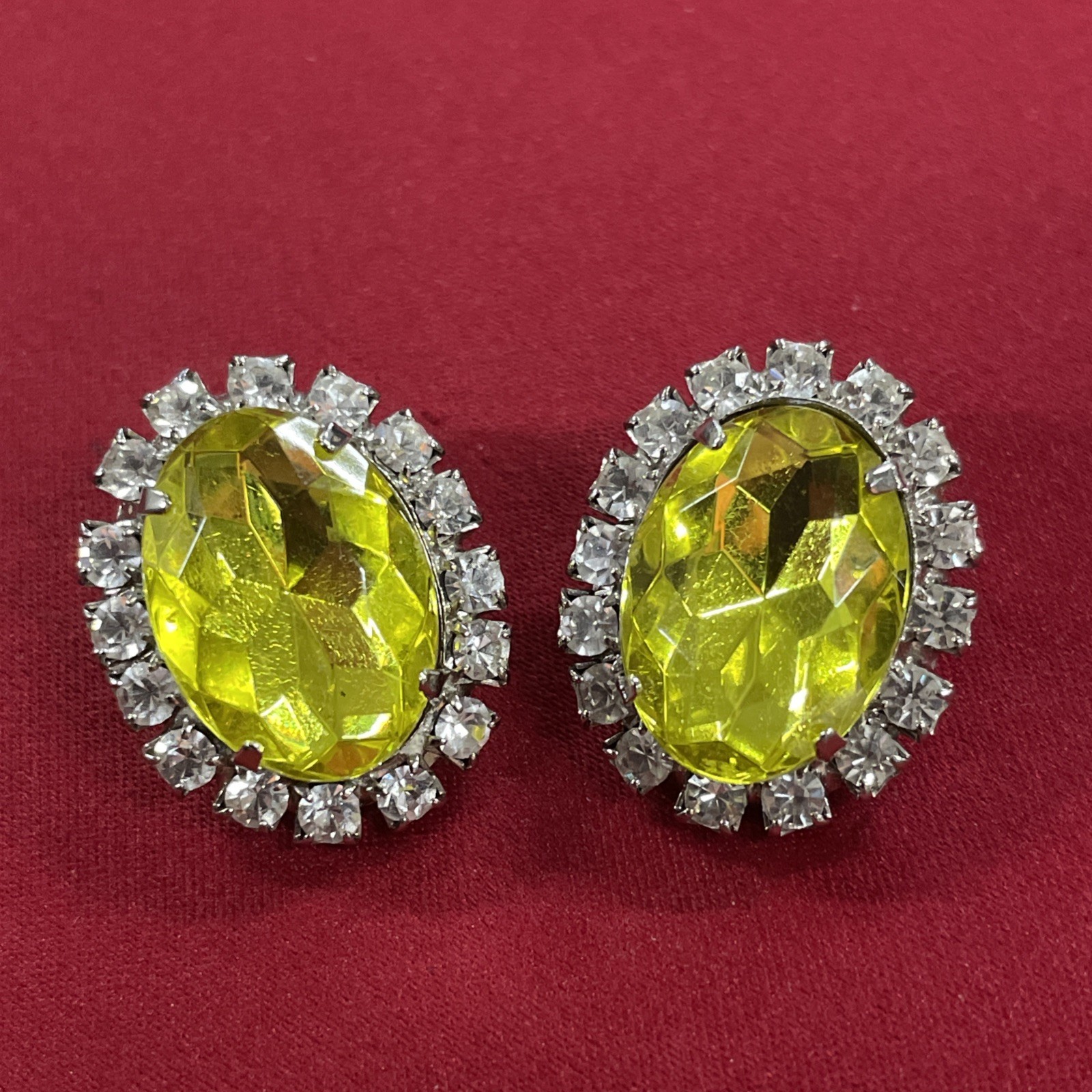 Silver Toned Yellow Faceted Gem Halo Oval Clip On Stud Earrings