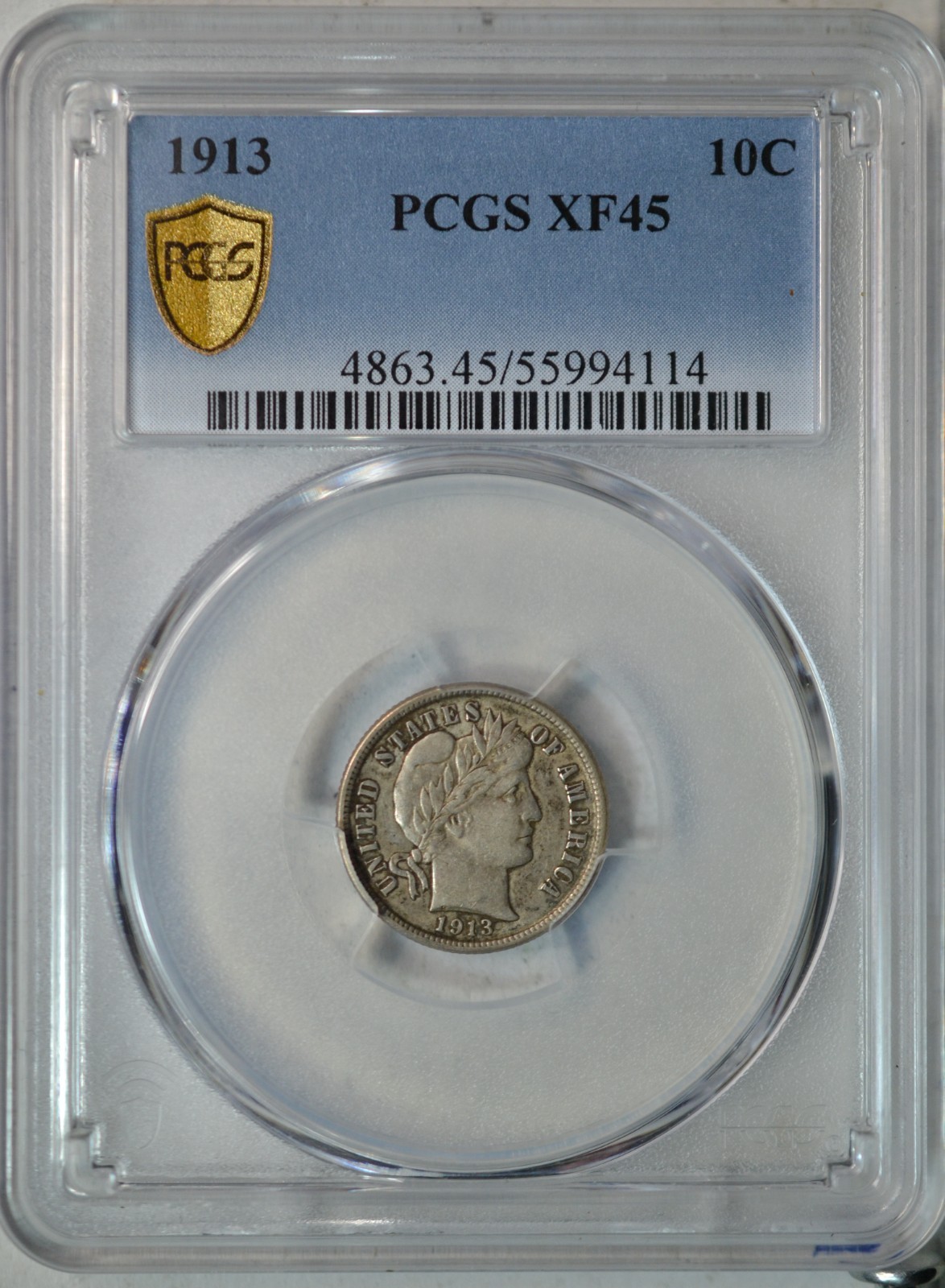1913 Barber dime, PCGS XF  45