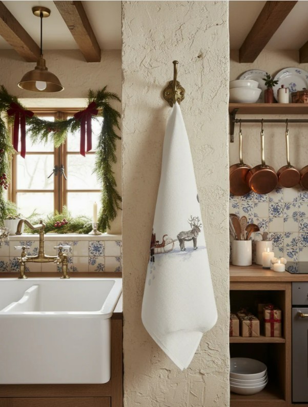 MAISON LORRAIN, Santa & Reindeer (Père Noël) French Christmas Kitchen /Tea Towel