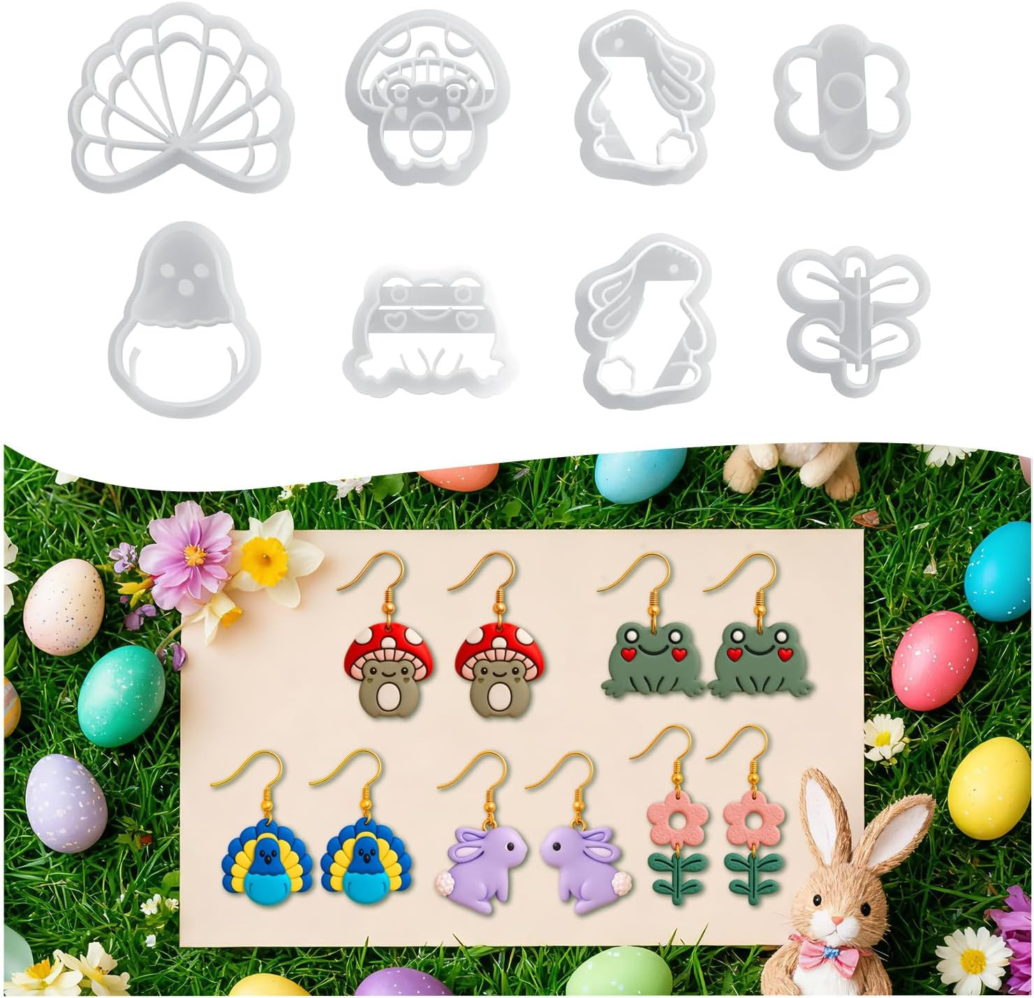 8 Pack Animal Polymer Clay Cutters - Peacock/Mushroom/Frog/Flower/Rabbit, Ideal