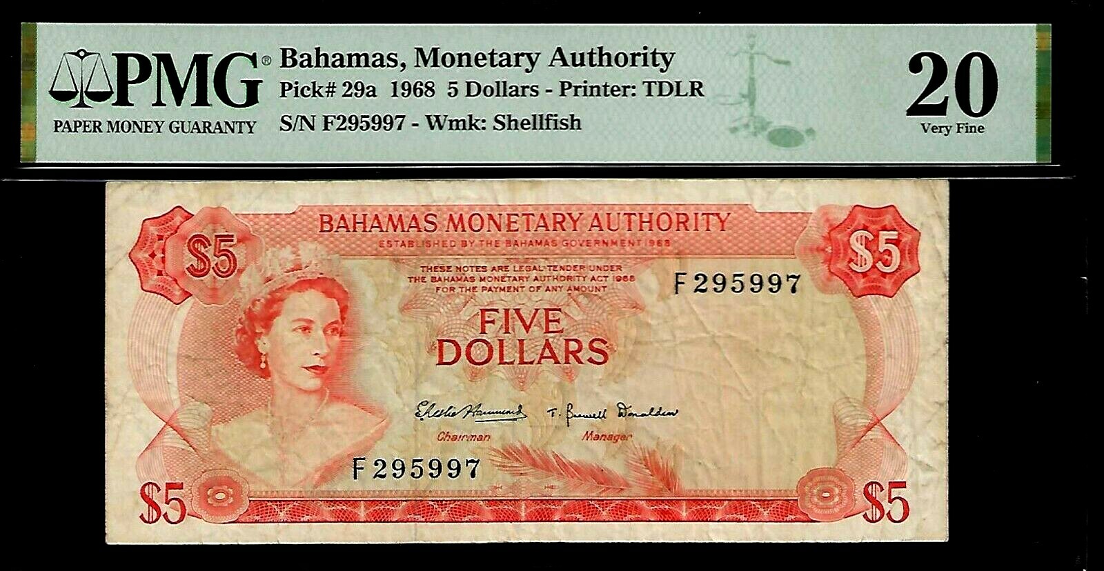 Bahamas 5 Dollars 1968 PMG 20 P#29a  Printer: TDLR, Queen Elizabeth II