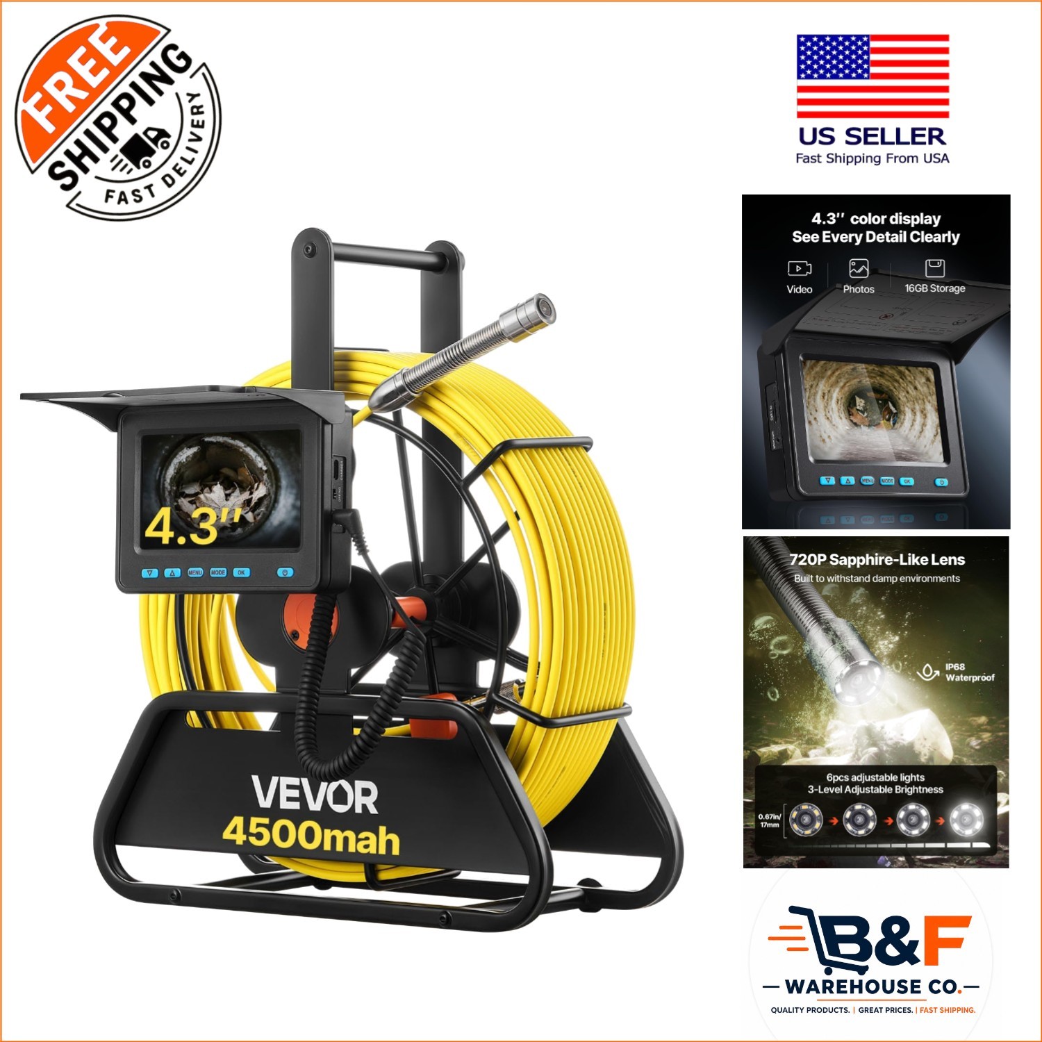 4.3'' Drain Inspection Camera with 6 LEDs & 4500mAh Battery for Pipe Inspections