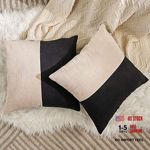 Pack of 2 Beige Pathwork Corduroy Cushion Cases 18" x 18" (Pack of 2) Black