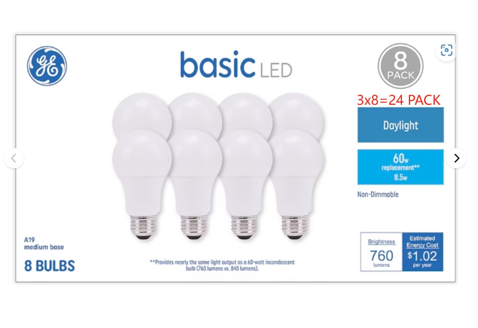 GE 60 -Watt EQ A19 Daylight Medium screw base LED General purpose Bulb 24PK -NEW