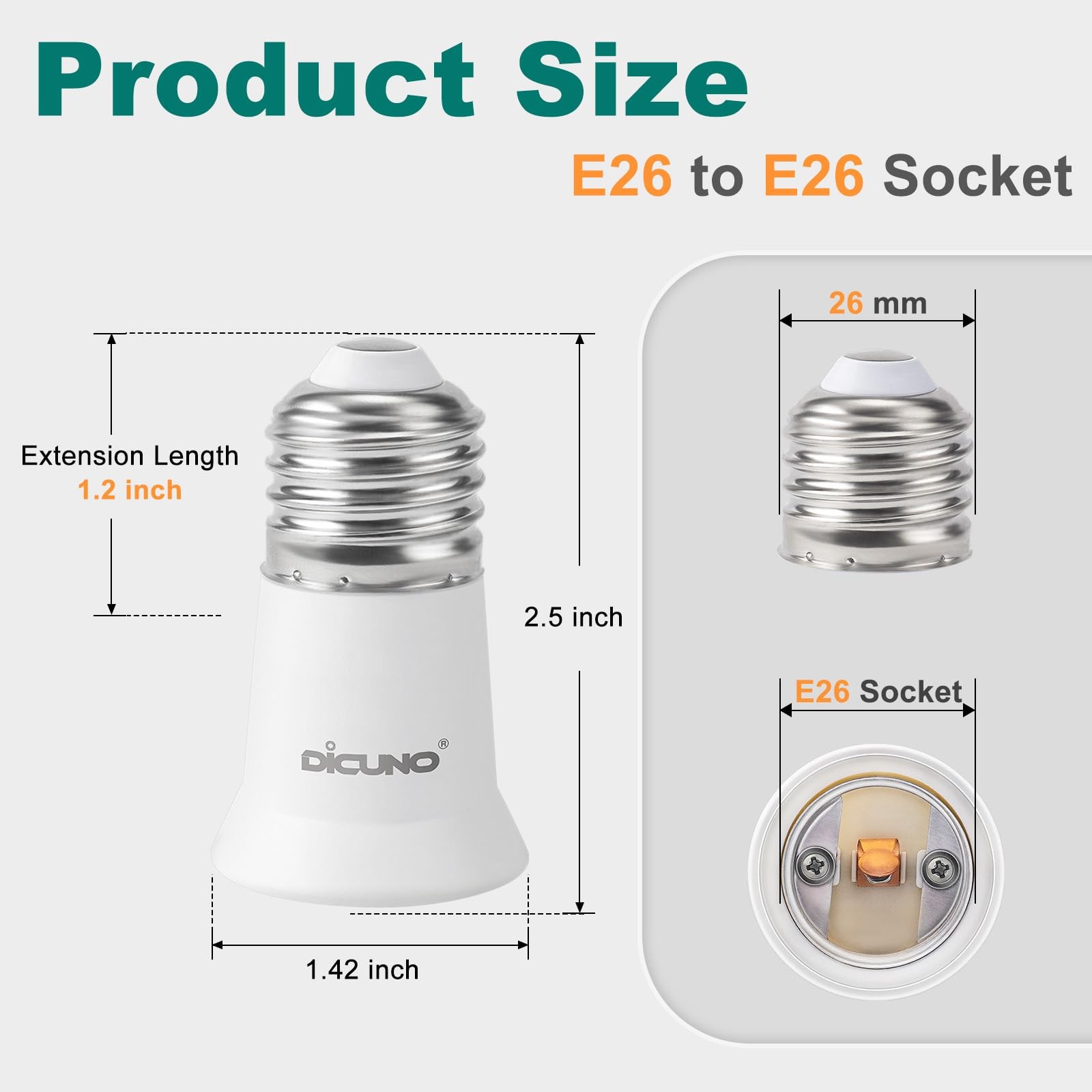 DiCUNO E26 3CM/1.2 Inch Socket Extender, Lamp Bulb 4-Pack, White