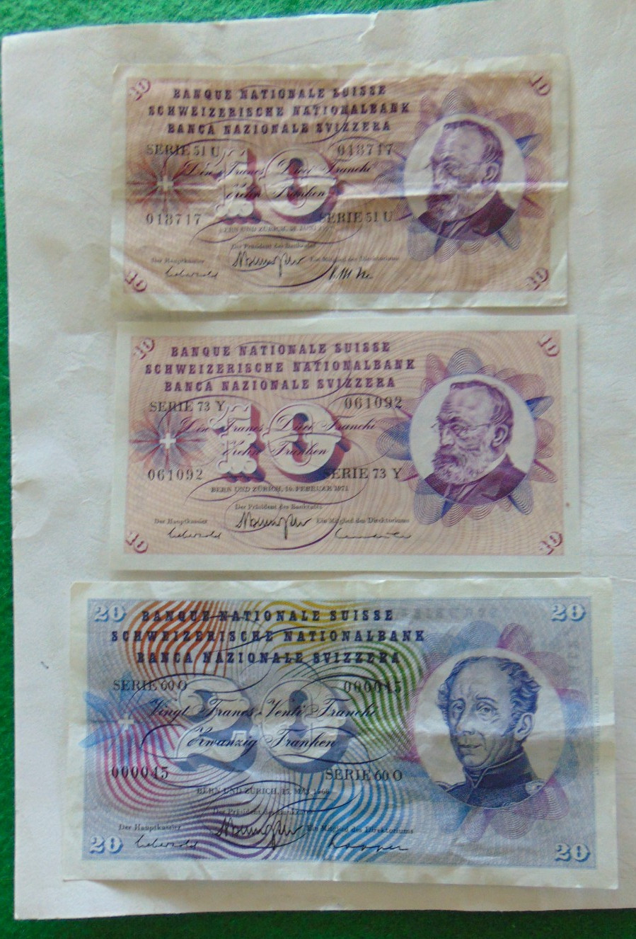 26.04#44: SWITZERLAND lot of  2x 10 Francs  20 Francs 1967 1971, 1973 P-45 46 VF