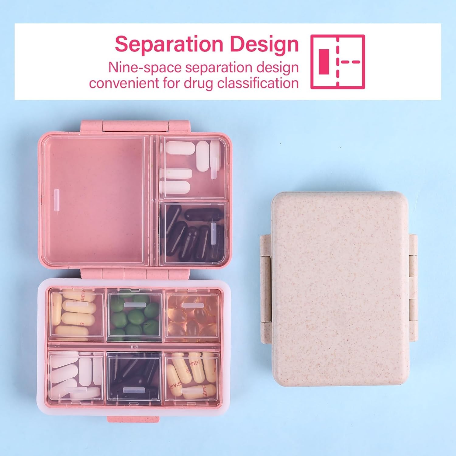 Moisture-Proof 9-Compartment Pill Case - Secure Grey Pill Organizer for Vitamins