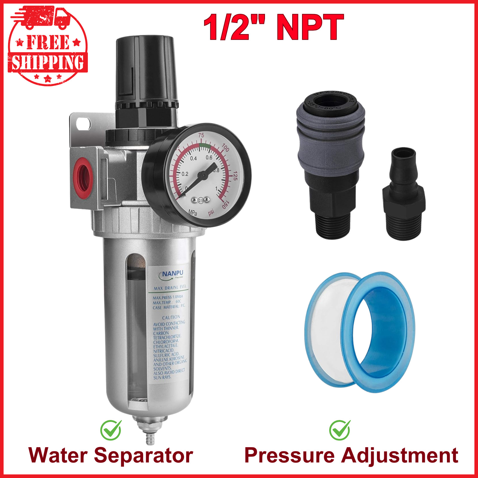 Compressed Air Filter Regulator Combo 1/2" NPT Water Separator Gauge Kit, 150PSI