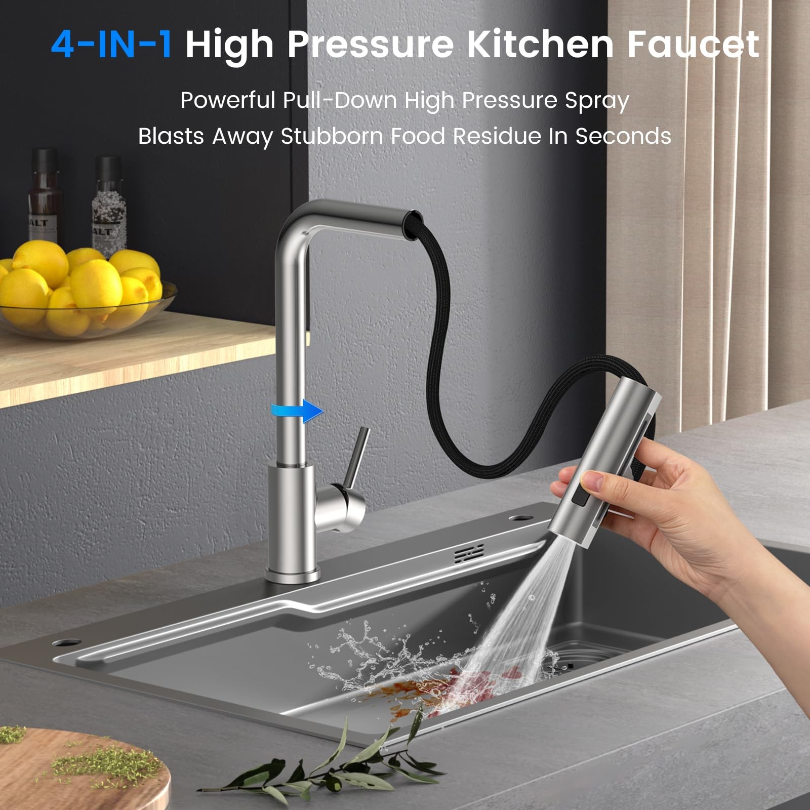 Kitchen Faucet Brushed Nickel 4-Mode Pull Down Sprayer - High Pressure Cleaning