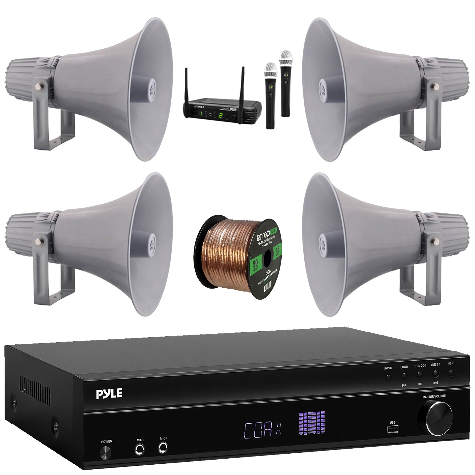 Pyle Karaoke Audio Receiver, 4x 12.7'' Indoor/Outdoor PA Horn Speakers + Mic