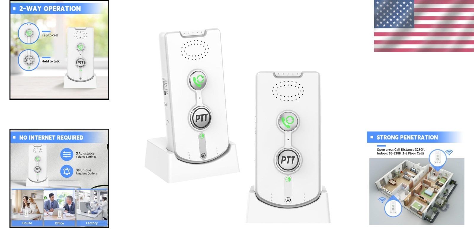 Wireless Intercom System Home Office Long Range Push to Talk Dual Channels
