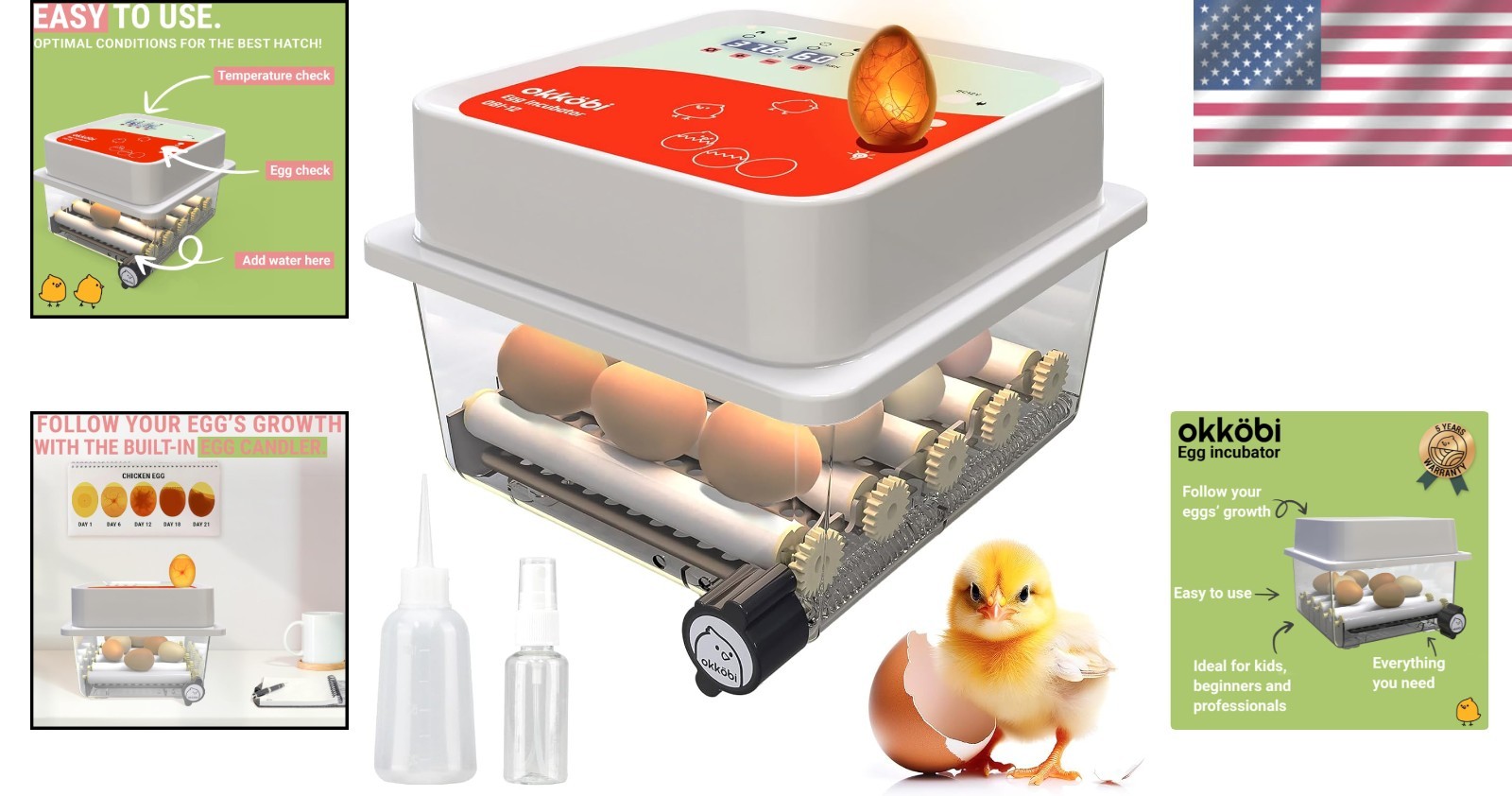 Automatic 12-Egg Incubator with Humidity Control & Egg Candler