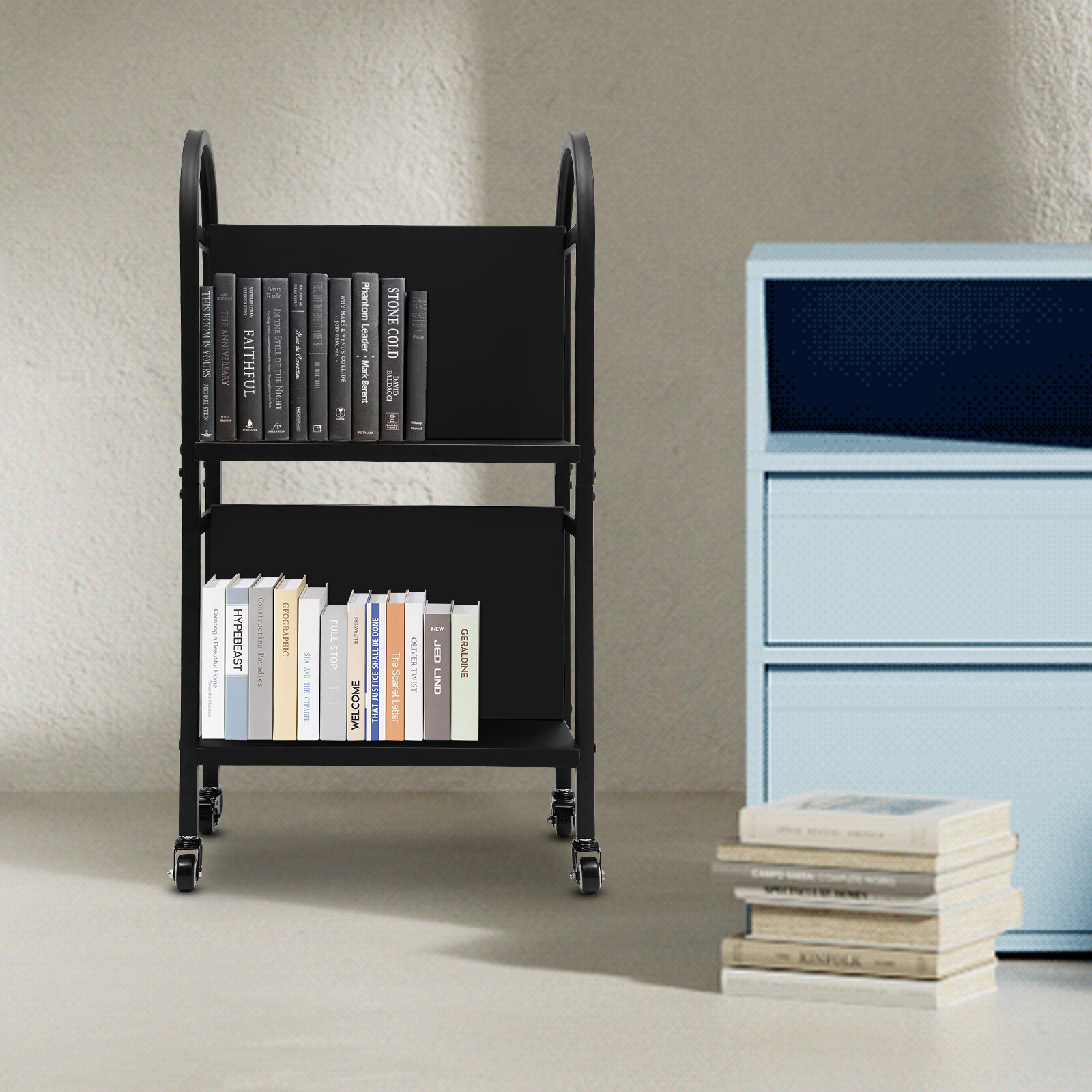 Library Book Cart Rolling Cart Office Home Book Storage Organizer Cart Black