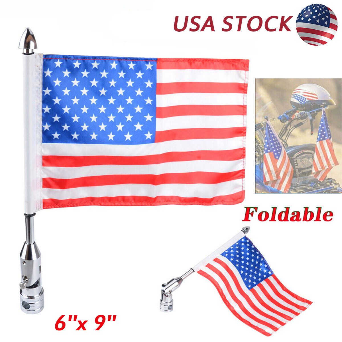 Chrome USA American Motorcycle Flag Pole Mounting 6x9" For Harley Yamaha Honda