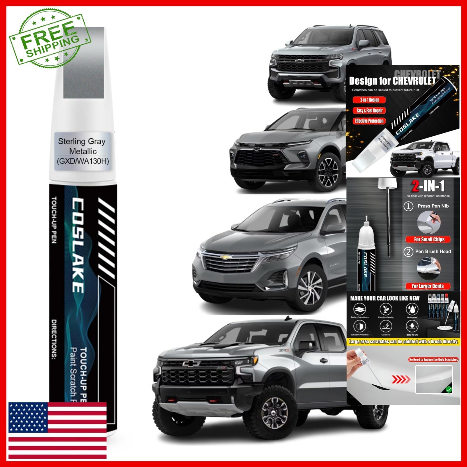 COSLAKE Car Touch Up Paint Sterling Gray Metallic for Chevrolet