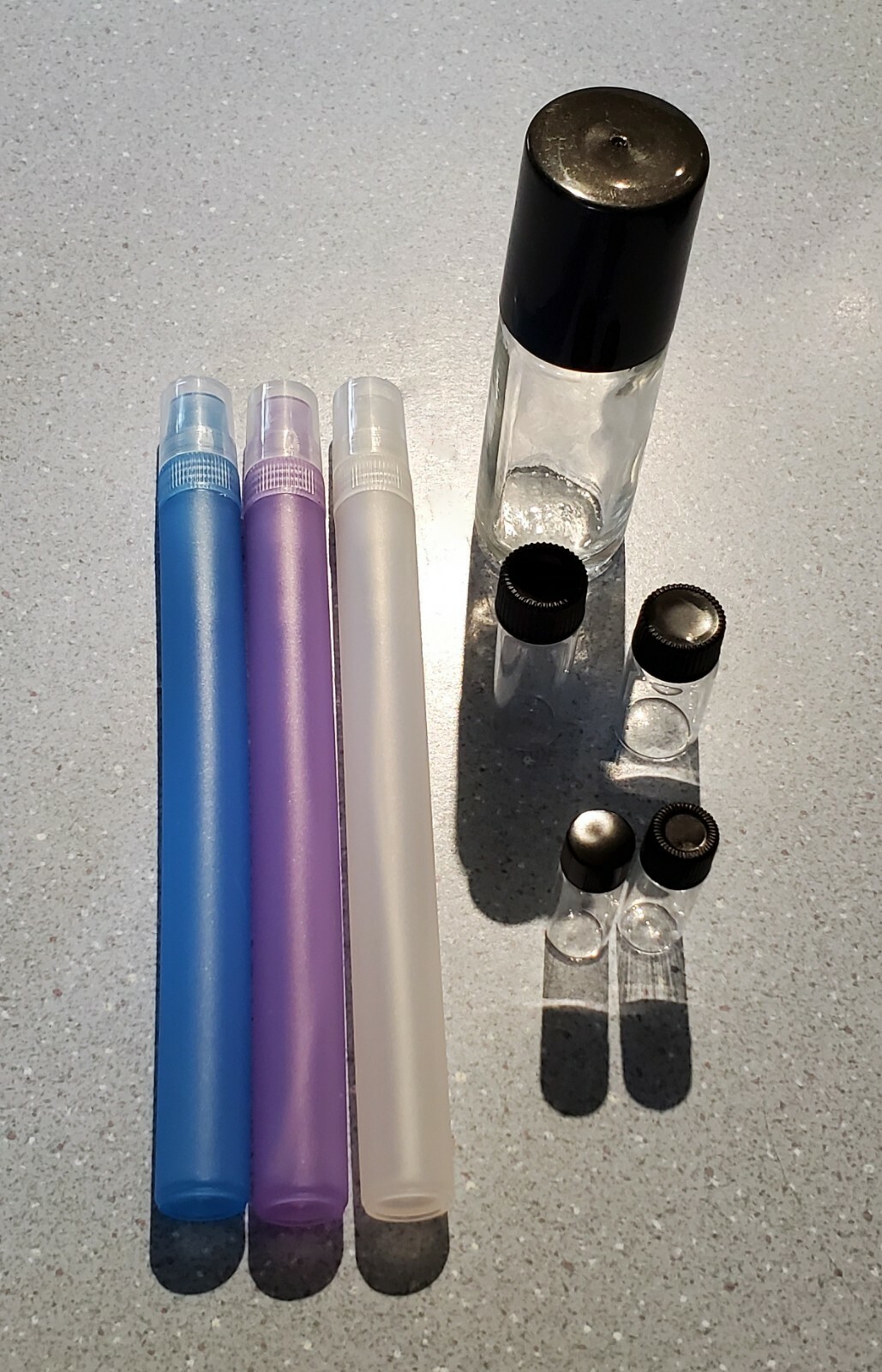 Assorted Plastic & Glass Bottles - 3 Sprayers, 1 Roll on Bottle, and 4 Sm. Vials