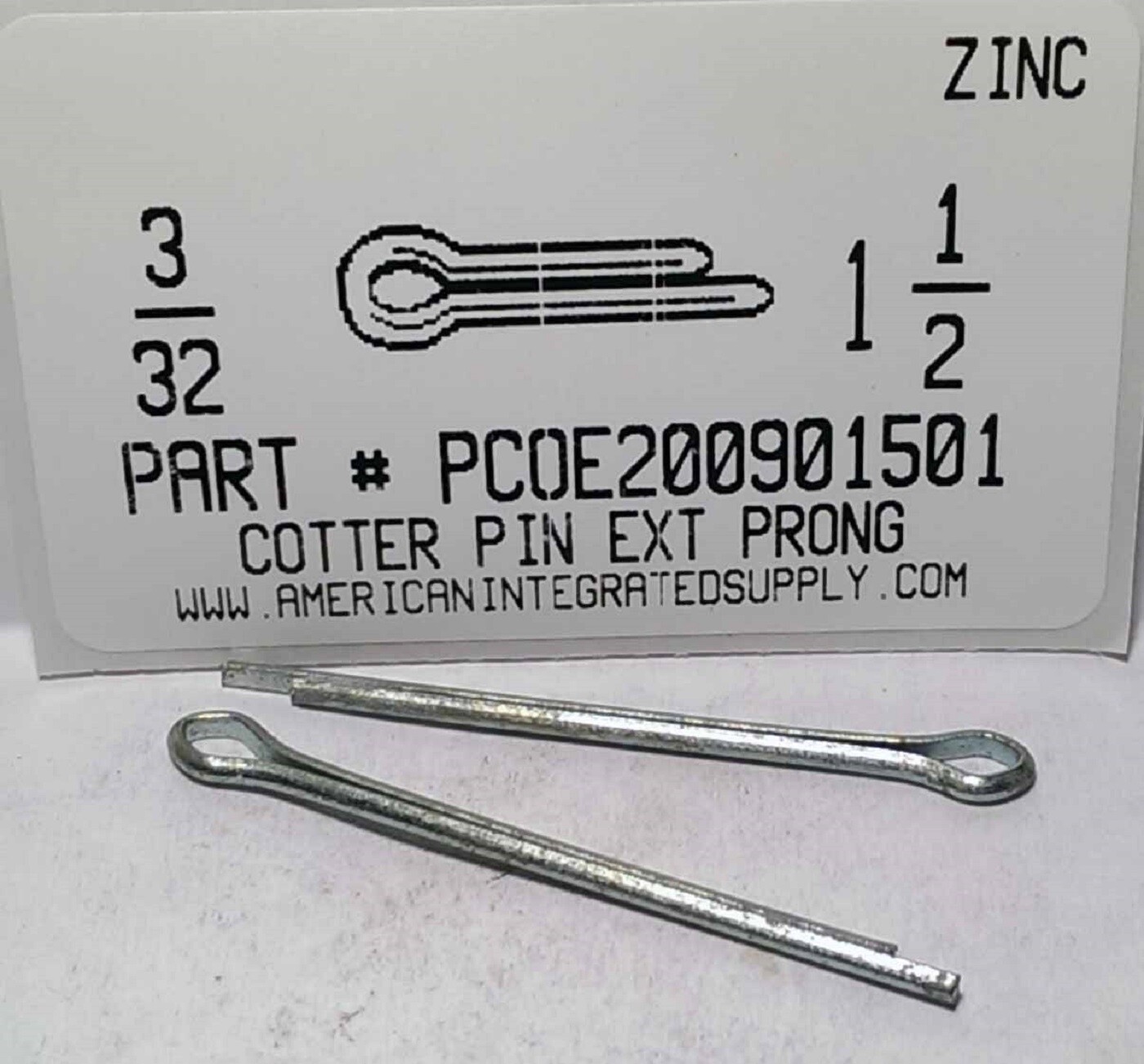3/32X1-1/2 COTTER PINS EXTENDED PRONG STEEL ZINC PLATED (100)