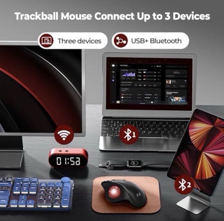 Seenda Wireless Trackball Mouse Ergonomic Bluetooth Rechargeable 3-Device PC Mac