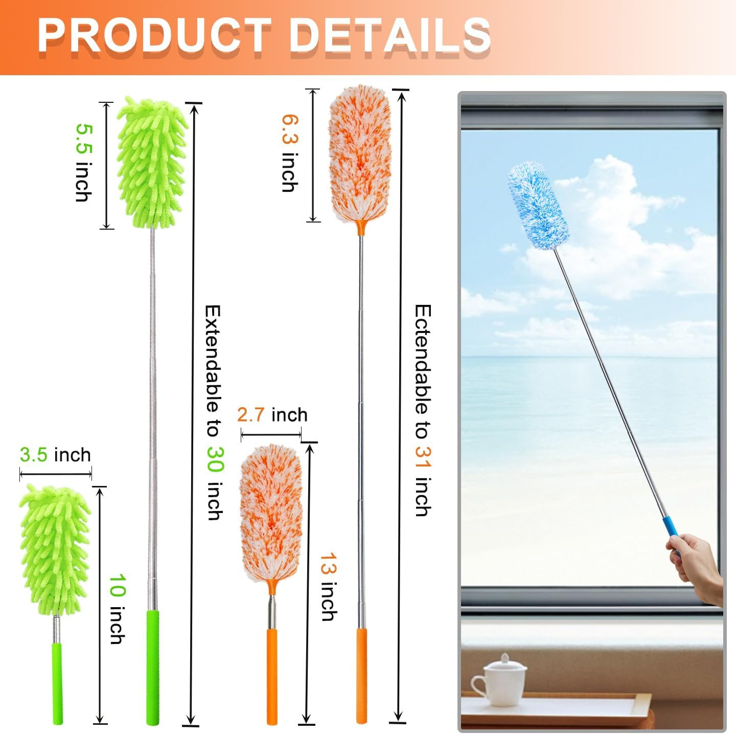 4 Pack 13" to 30" Extendable Feather Duster Kit, Washable Duster Head, Microfibe