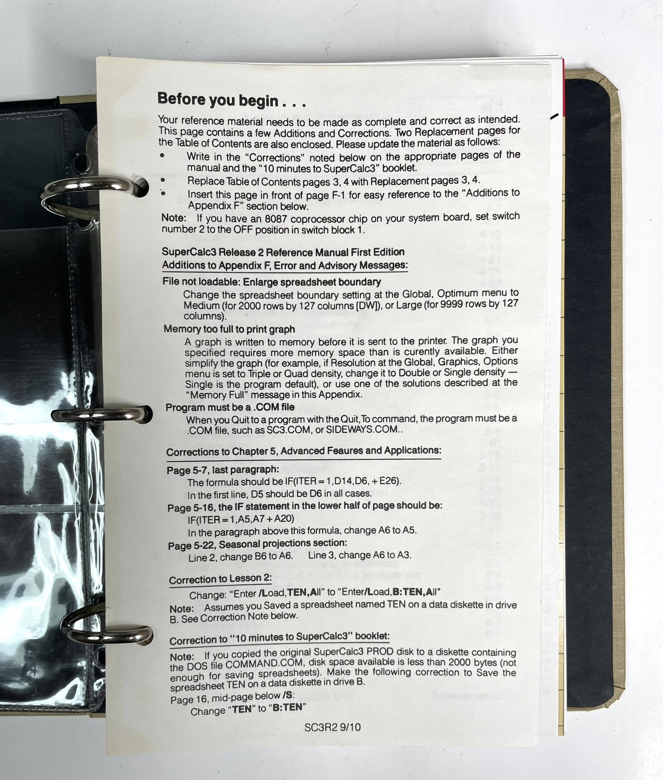 SORCIM SuperCalc3 DOS 1984-1985 Release 2 Guide Manual Binder *MISSING FLOPPIES*