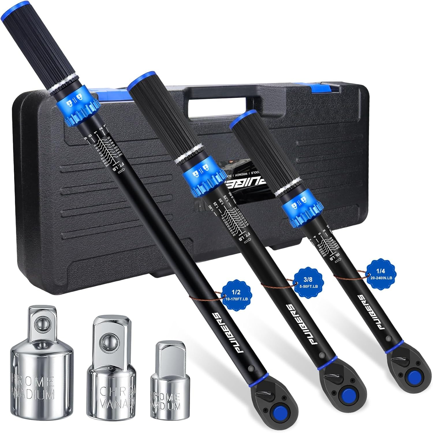 Precision Torque Wrench Set 1/2, 3/8, 1/4 Inch Drive with Adapters for Vehicles