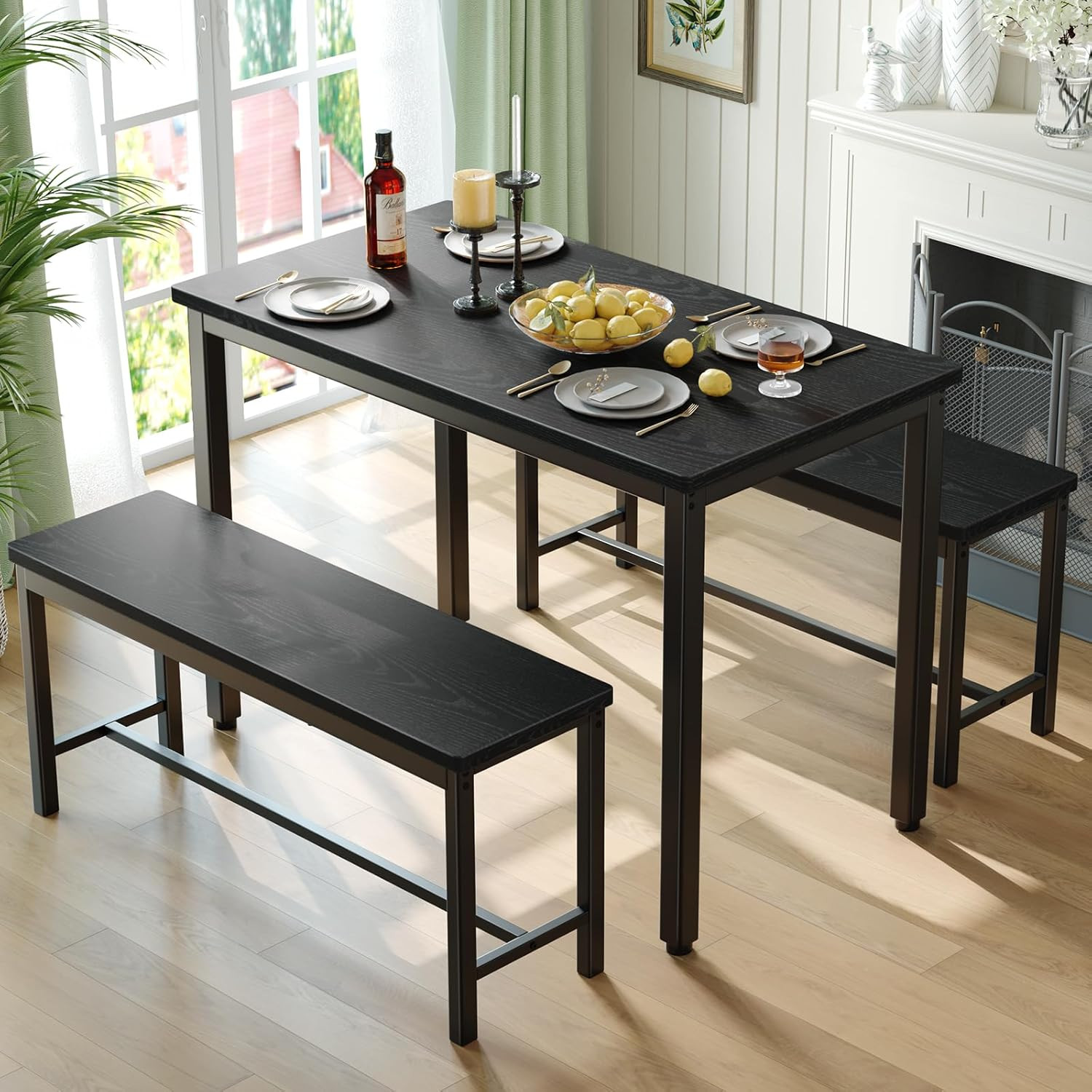 Tatub Dining Table Set for 4, 3-Piece Kitchen Table with 2 Benches, Space-Saving