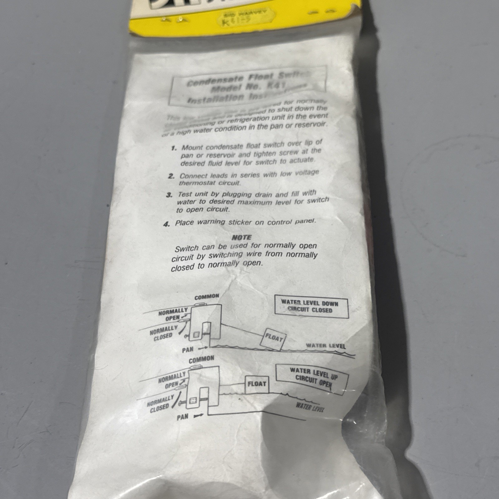 Sid Harvey's K41-5, Condensate Drain Pan Float Switch, 60" Lead, Made USA