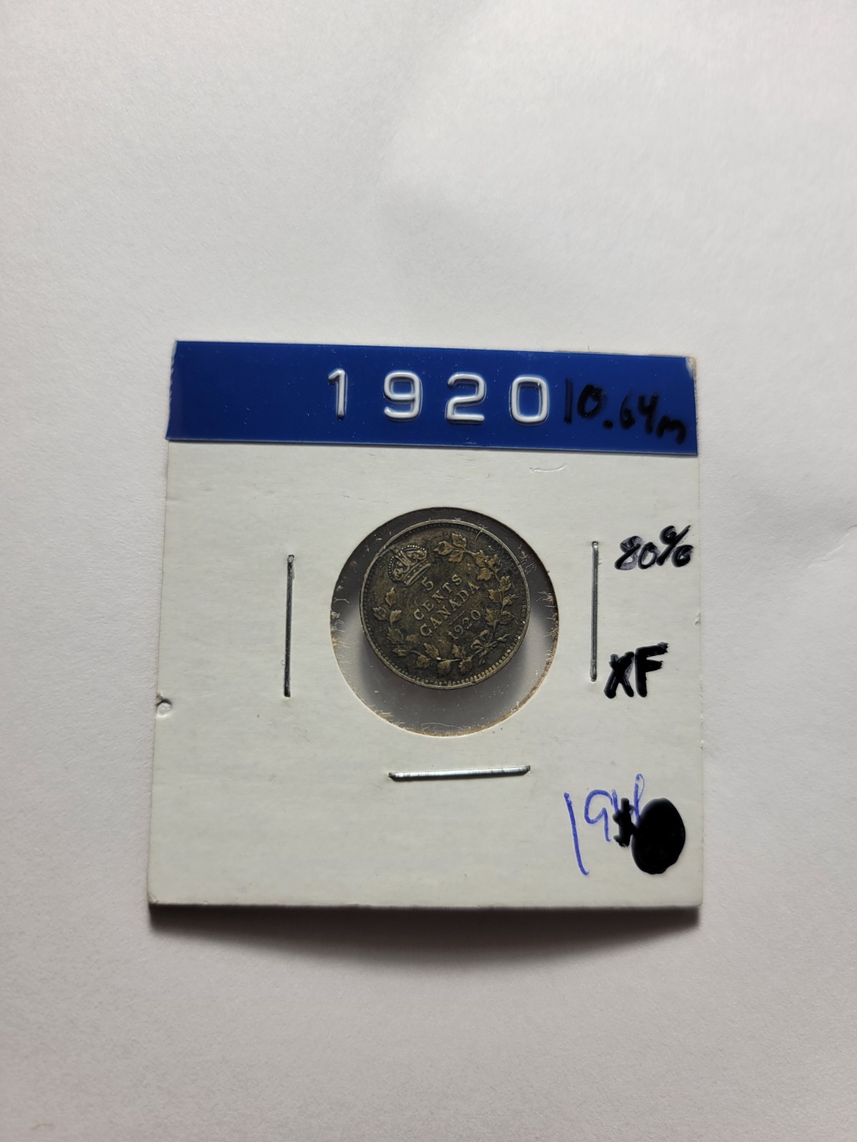1920 Canada 5 Cents - 92.5% Silver - Foreign Coin - KM# 22a