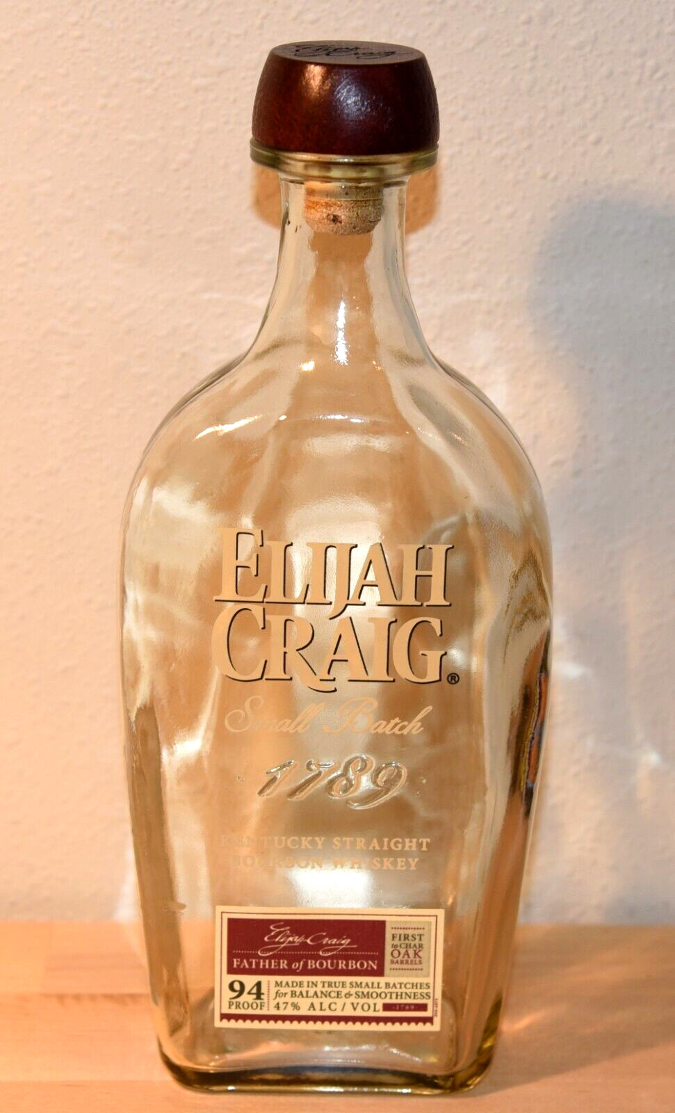 Elijah Craig Small Batch 94 Bourbon Whiskey Bottle - Empty 750 ml Wood Stopper