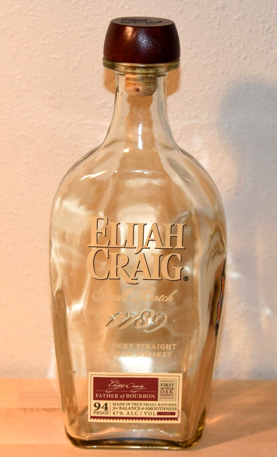 Elijah Craig Small Batch 94 Bourbon Whiskey Bottle - Empty 750 ml Wood Stopper