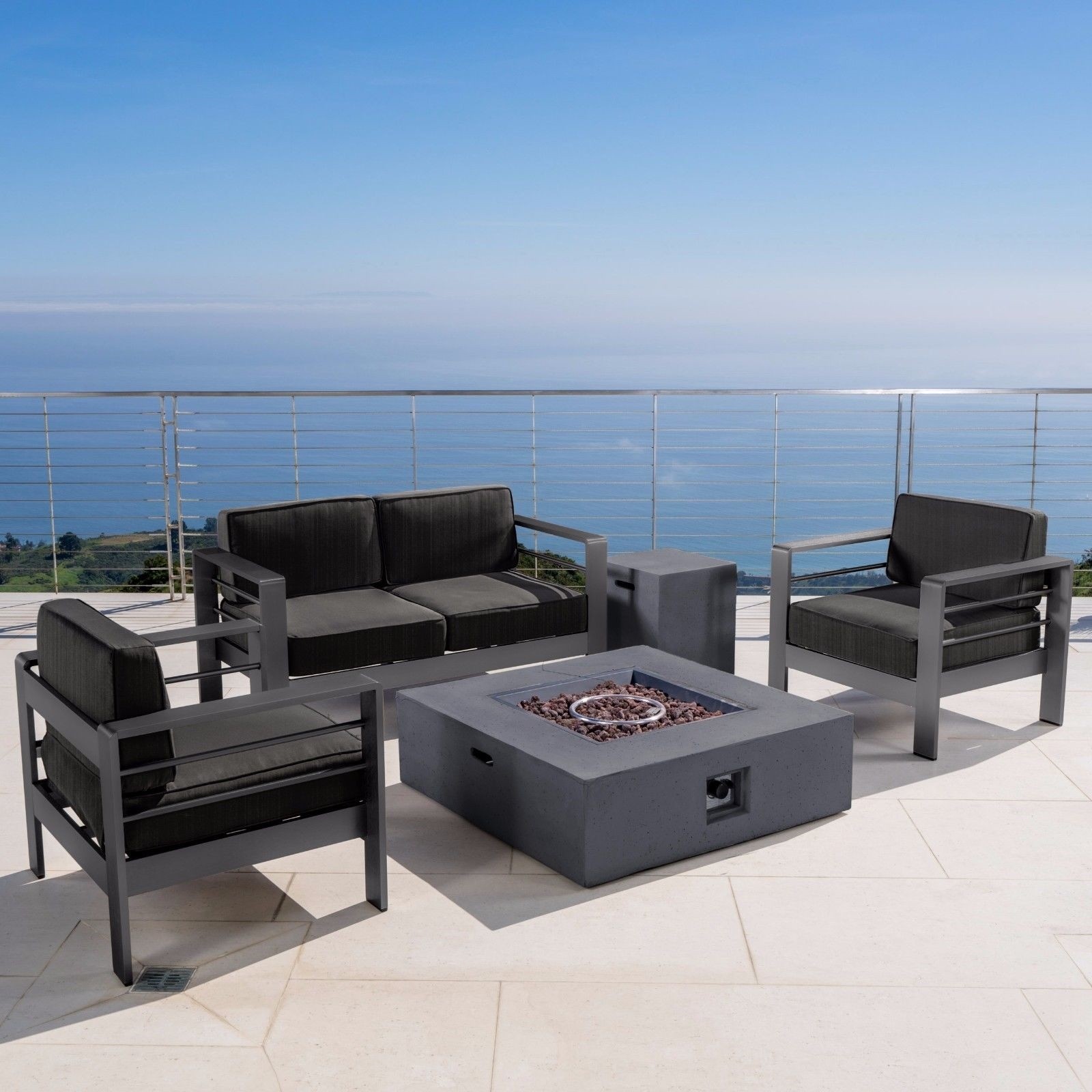 Coral Bay Outdoor Grey Aluminum 5 Piece Loveseat Chat Set with Fire Table