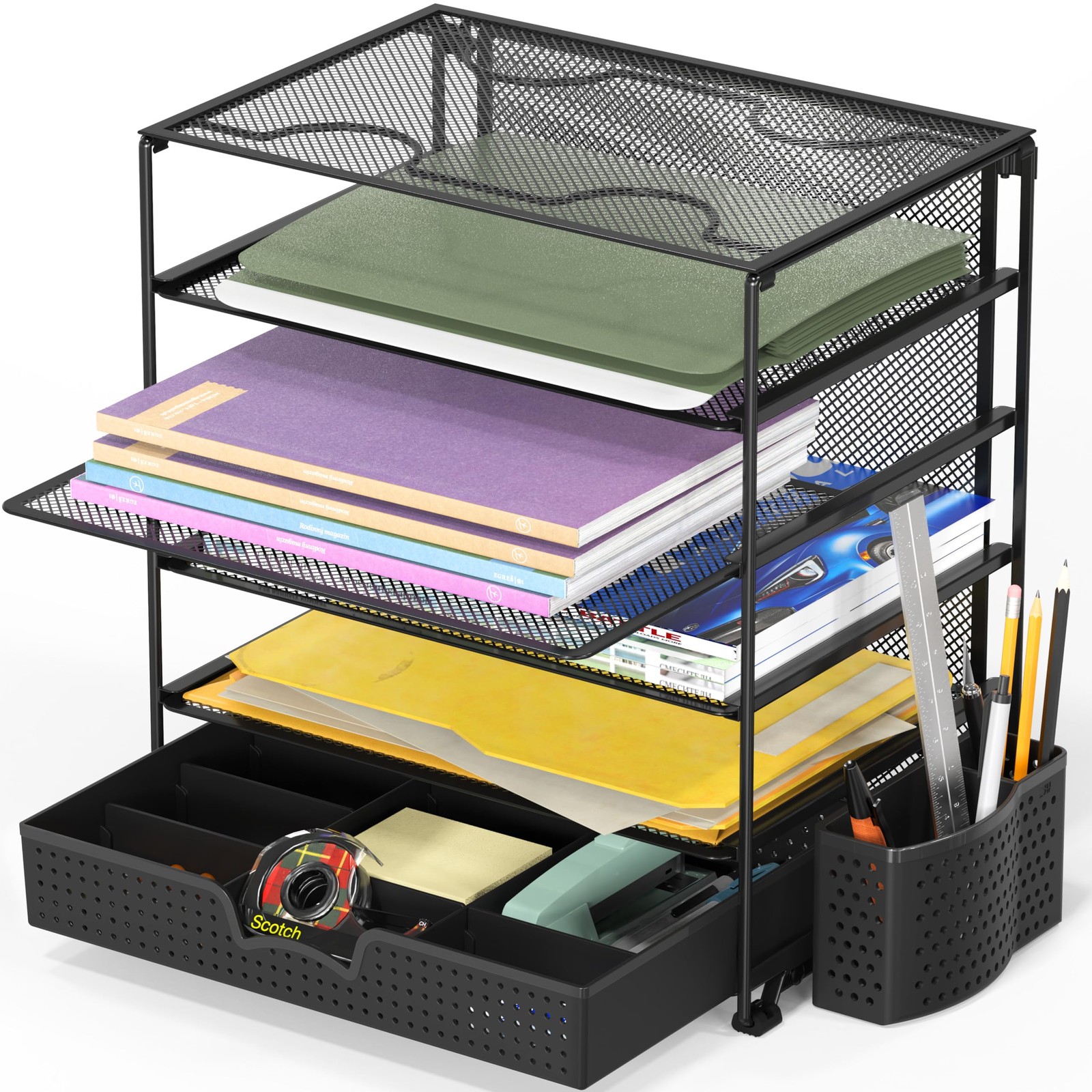 5~Tier Document File Tray Organizer with Sliding Drawer & Pen Cup, Black