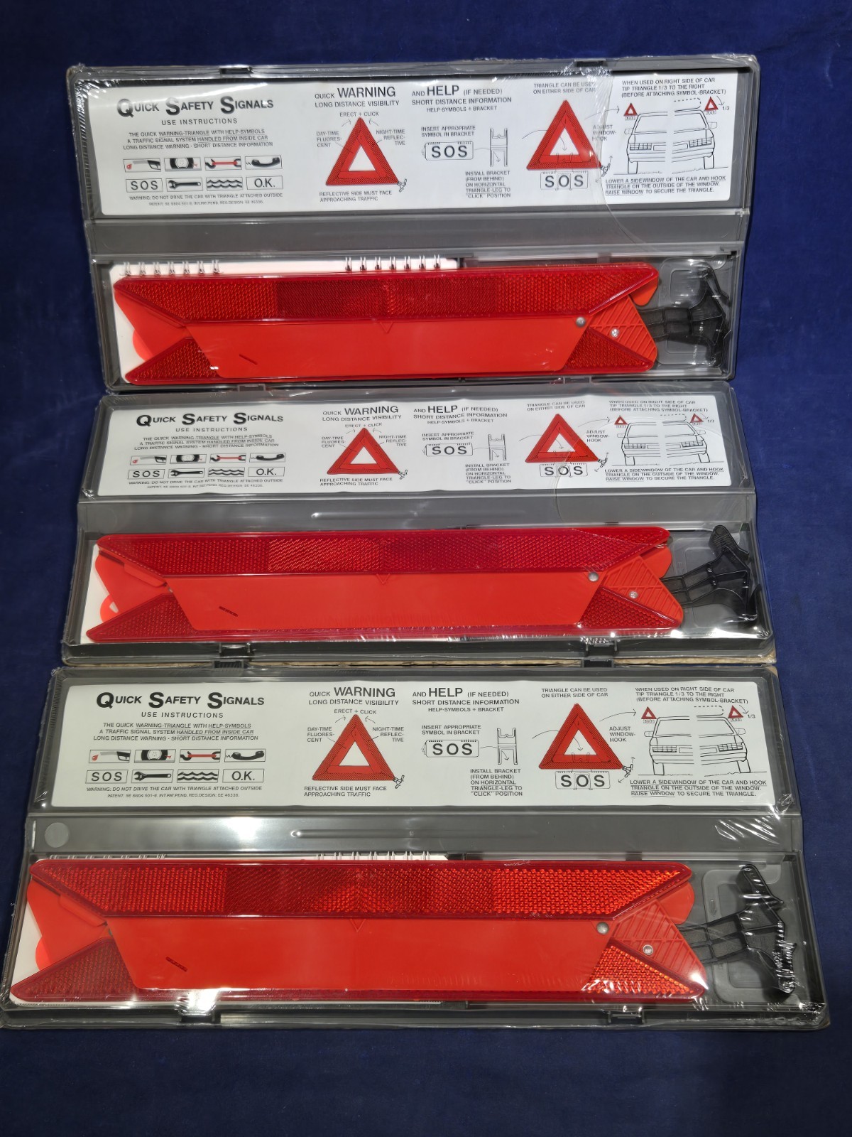Lot of 3 Vintage Quick Safety Signals Reflective Roadside Emergency Triangles