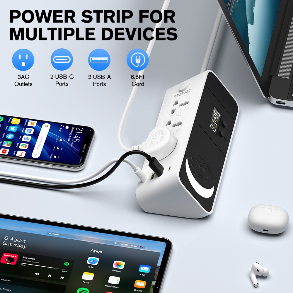 6.5FT 2M Surge Protector Power Strip with 3 Outlets & 4 USB Ports, Night Light
