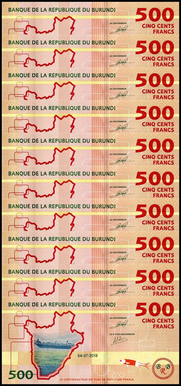 Burundi 500 Francs, 2018, P-50a.2, UNC X 10 PCS