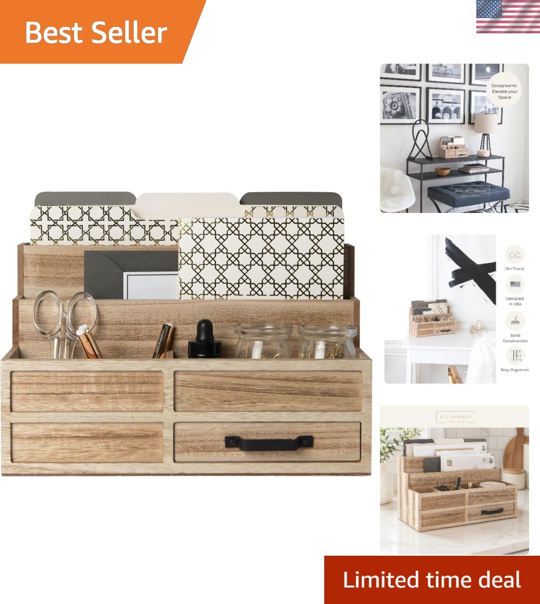 Natural Wood Mail Organizer with Drawer & Pen Holder | Rustic Desk Organizer ...
