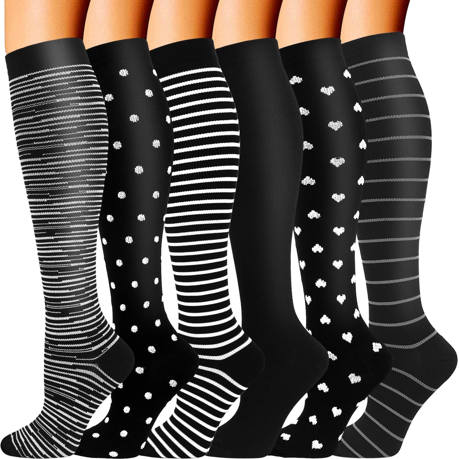 Double Couple 6 Pairs Compression Socks for Men Women 20-30mmhg Wide Calf Com...