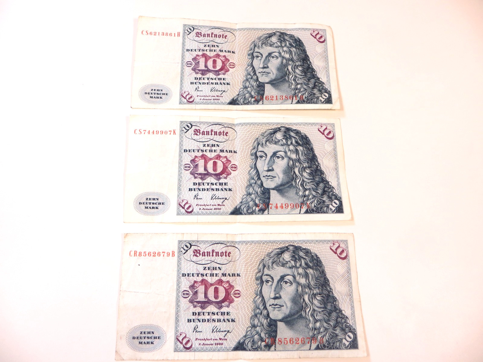 3x West Germany 10 Deutsche Mark Banknotes 1980 Deutsche Bundesbank Notes