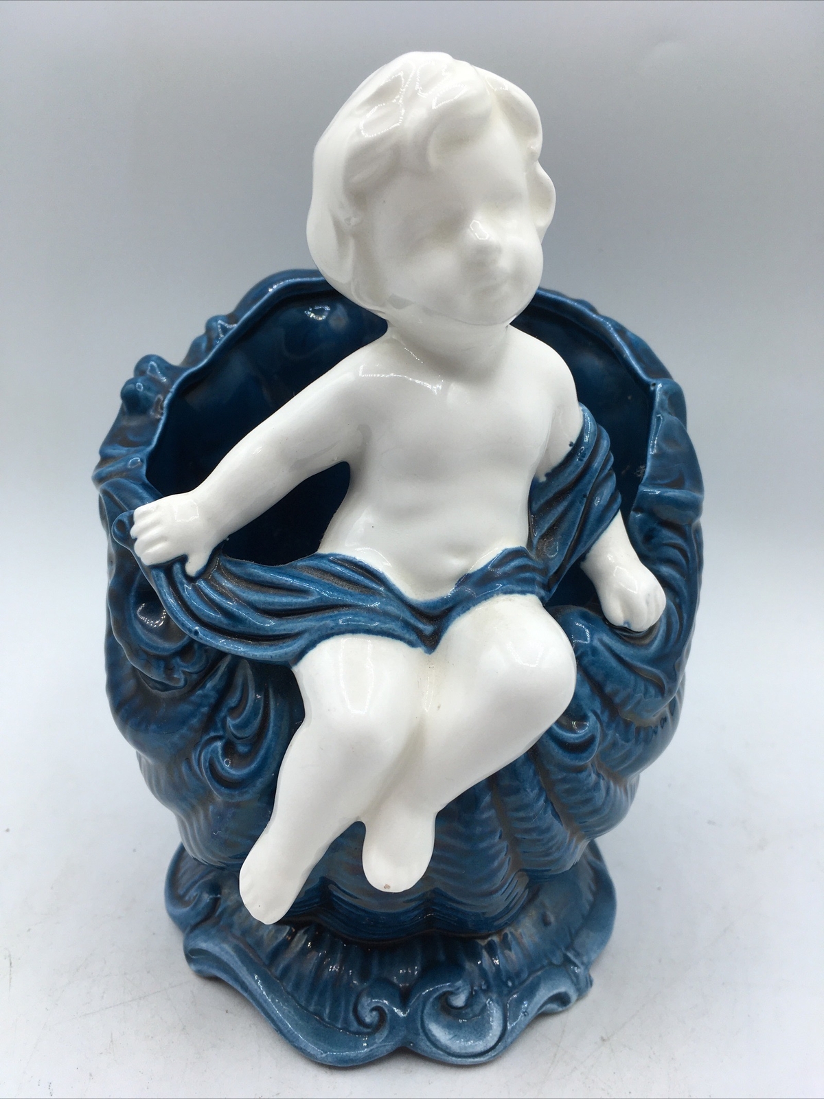 Vtg EO Brody Blue Cherub Angel Seashell Nautical Planter 7x5” Japan