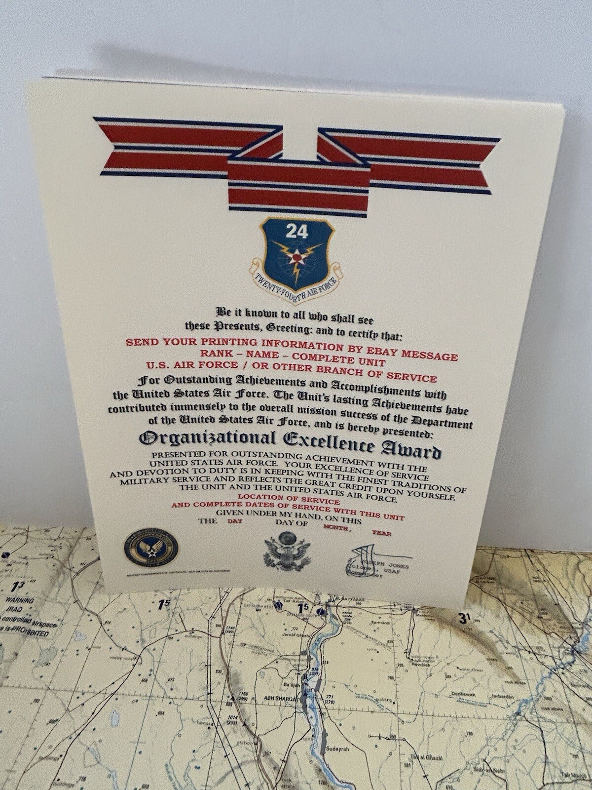 U.S. AIR FORCE / 24TH AIR FORCE - ORGANIZATIONAL EXCELLENCE AWARD CERTIFICATE