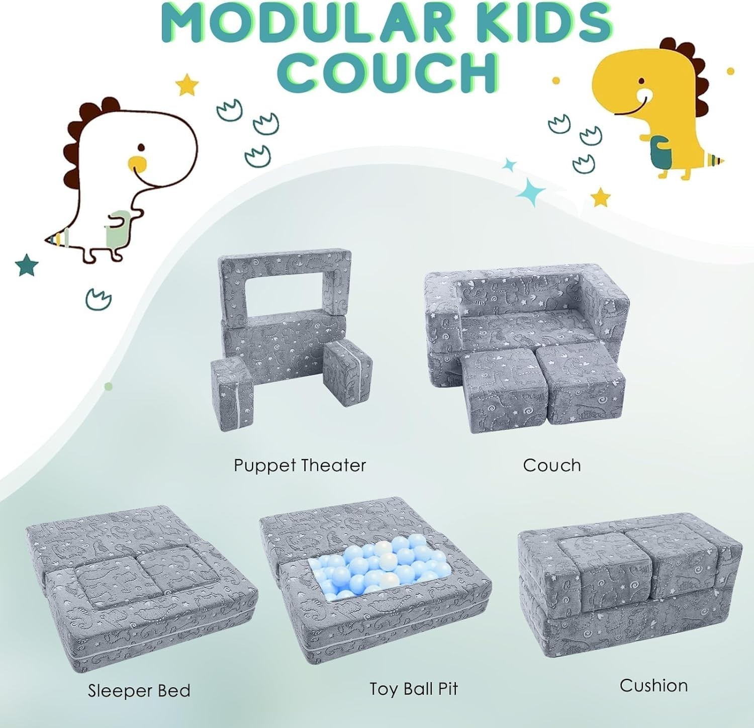 Dinosaur Glow Foam Kids Play Couch Set, Gray Modular Sofa & Lounger – Glow-Af...
