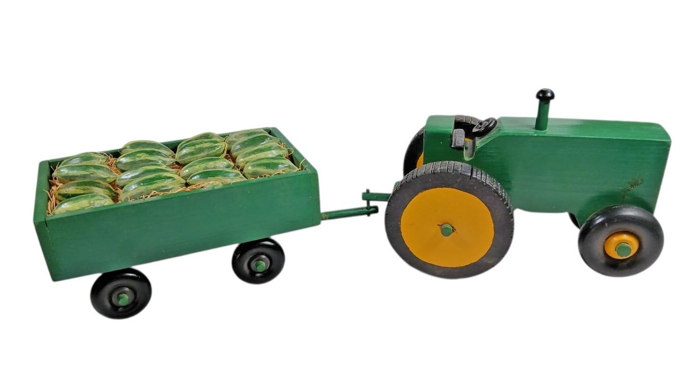 Handmade Wooden John Deere Green Tractor & Watermelons in Trailer Farm toy Decor