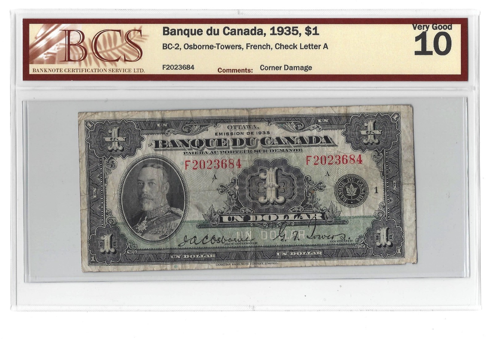 1935 Canada $1 Banknote Osborne-Towers French Text BC-2  BCS VG-10
