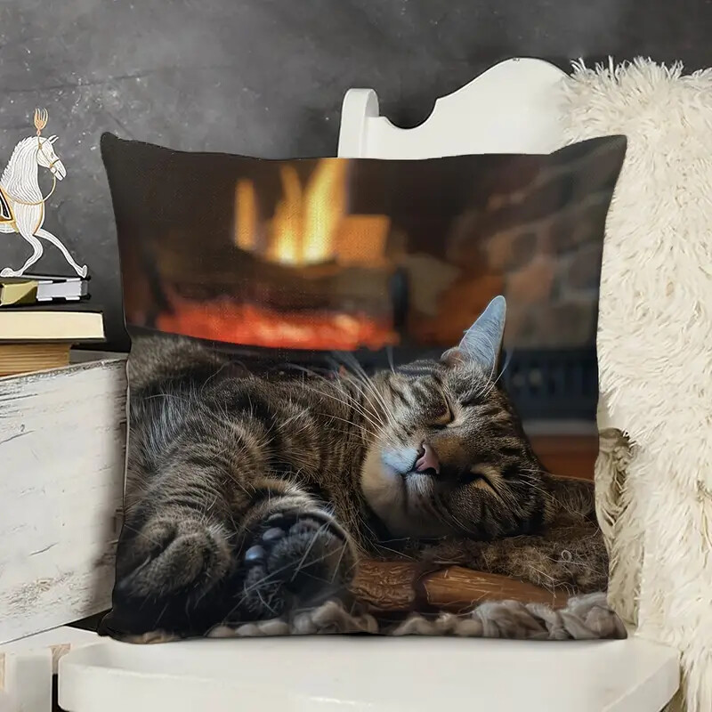 Gray Fireplace Cat Throw Pillow Decorative Couch Pillow 18 X 18 Pillow & Case