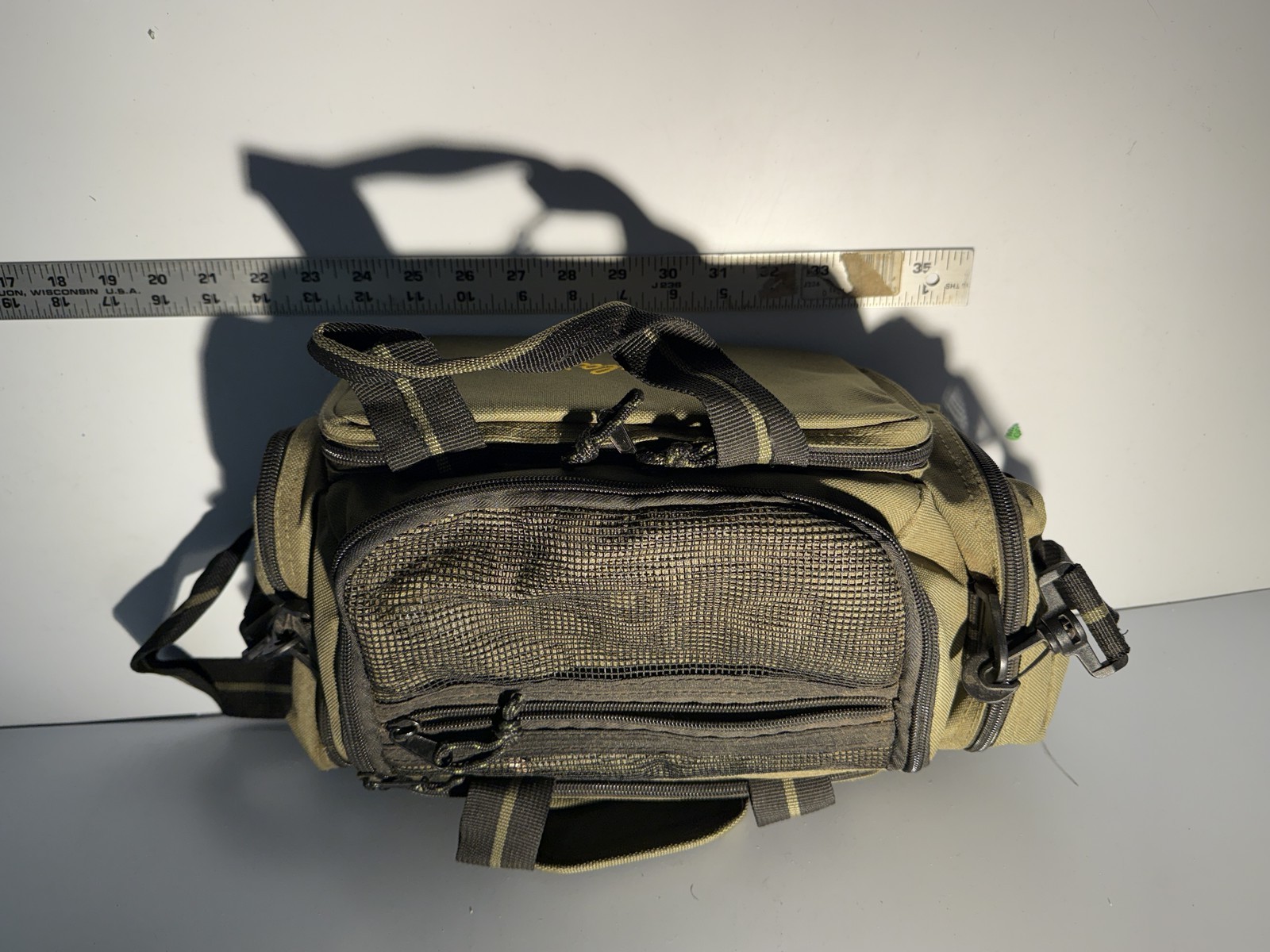 Cabela's Tan Fishing Tackle Bag Shoulder Strap Multiple Pockets