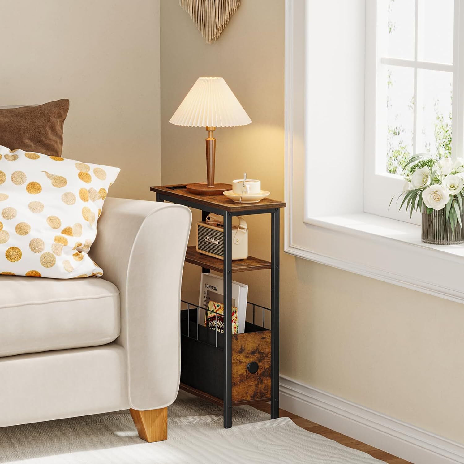 Snughome Narrow Side Table with Charging Station, Slim End Rustic Brown
