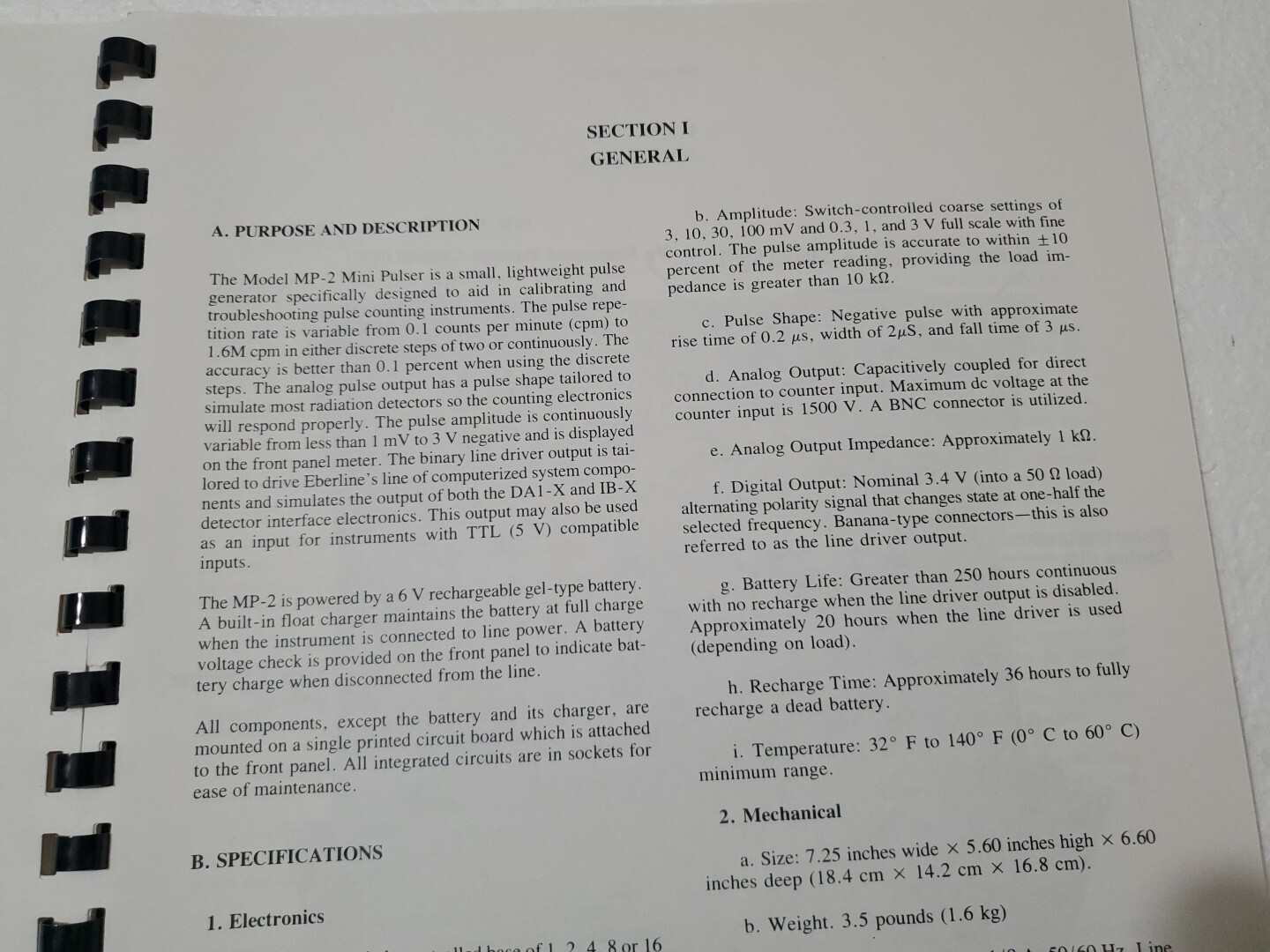 EBERLINE LABORATORY Mini Pulser MP-2 TECHNICAL MANUAL 1989