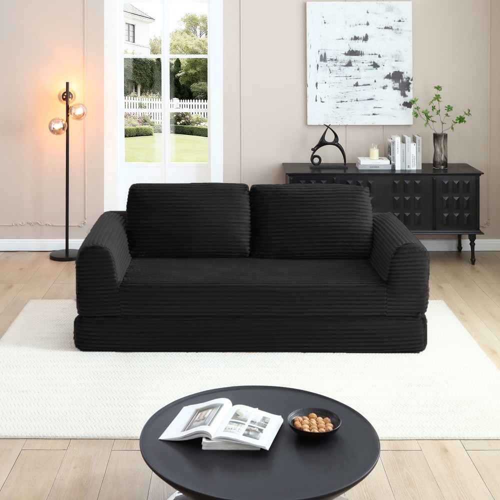 Modern Black Corduroy Convertible Sofa Bed w/ Pillows, 2-in-1 Sleeper Futon