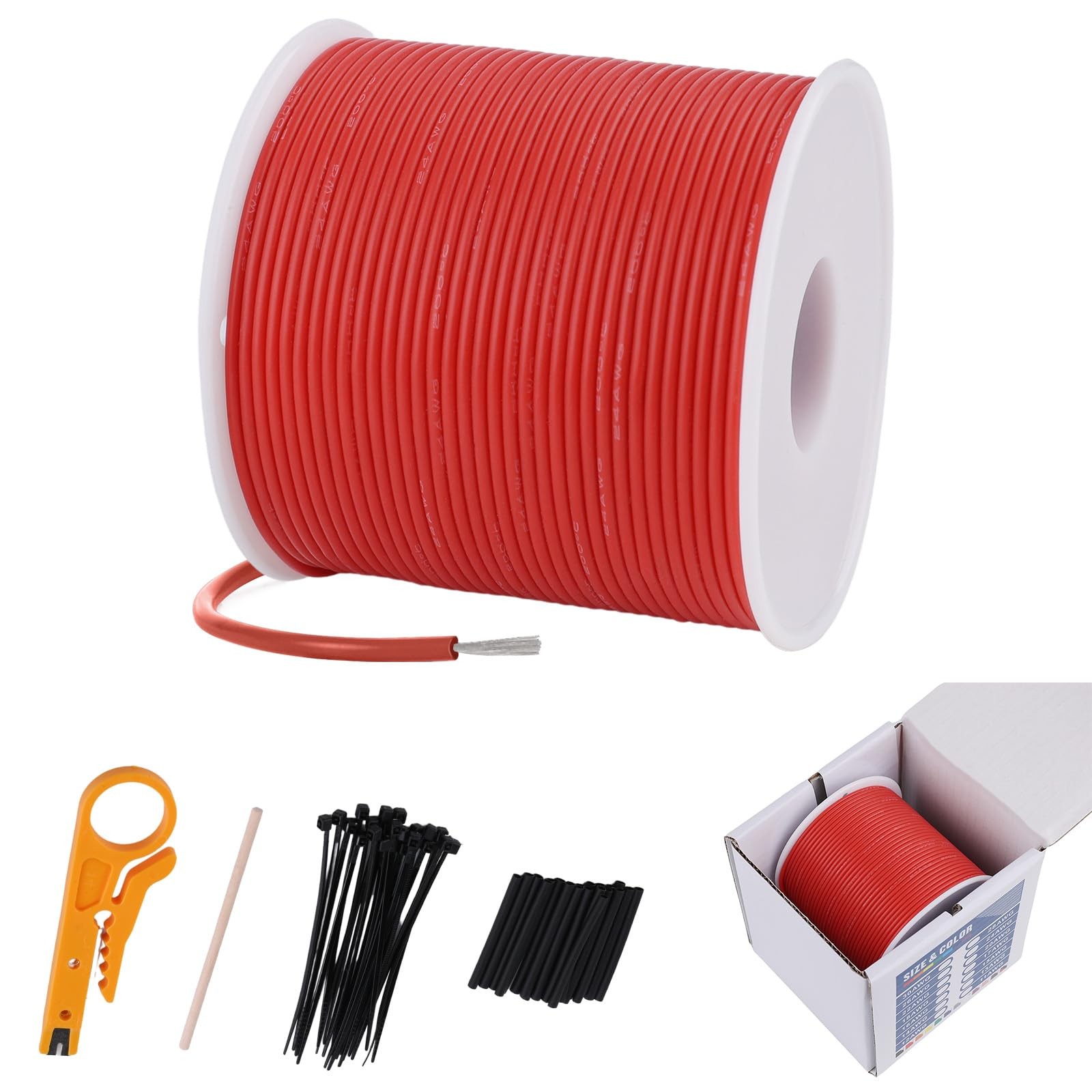 24 AWG Silicone Electrical Wire Stranded Tinned Copper Hook 24AWG 165FT, Red