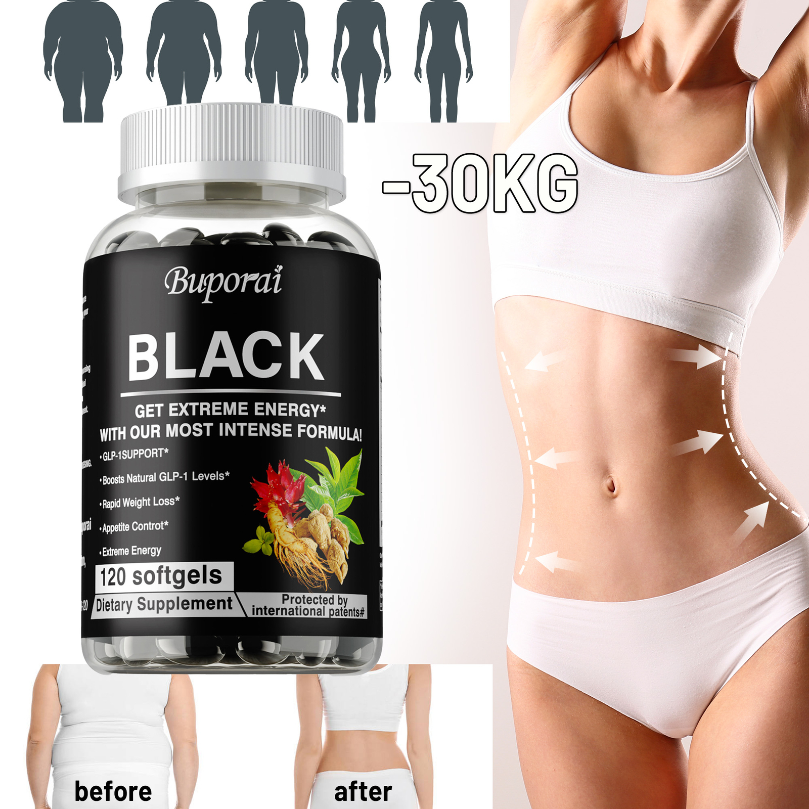 Black 120 Softgels - Helps with Rapid Weight Loss, Appetite Control and Energy